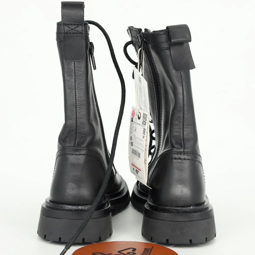 Zara Girls Black Leather Lace Up Side Zip Combat Boots Size 12.5 Ankle Boots NWT